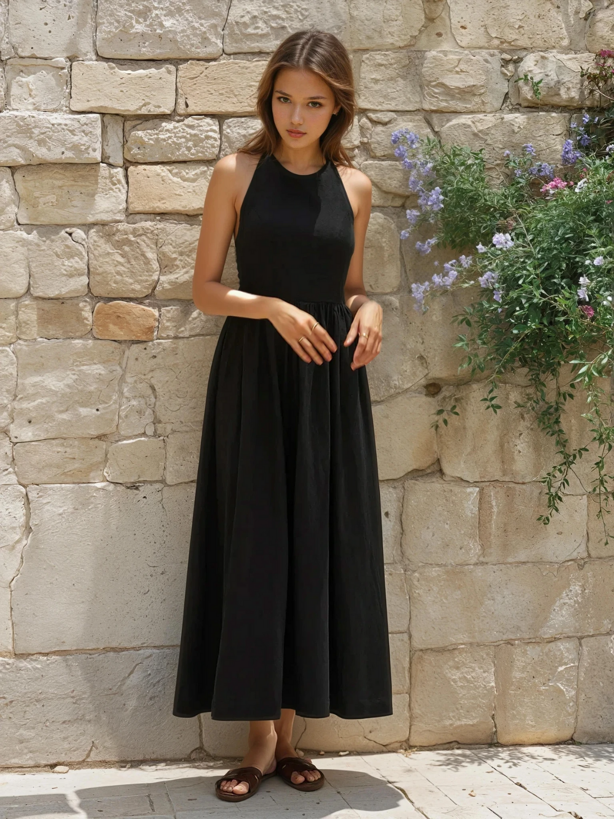 Always Elegant Solid Halter Long Dress