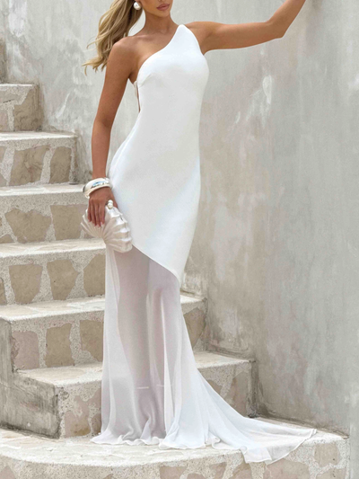 Elegant One Shoulder Sheer Hem Maxi Dress