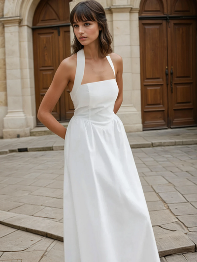 Simple and Chic Cotton & Linen Halter A-Line Long Dress