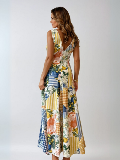 Sleeveless Lemonade Print Lace Trim Long Dress
