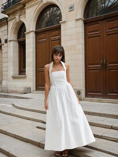 Simple and Chic Cotton & Linen Halter A-Line Long Dress