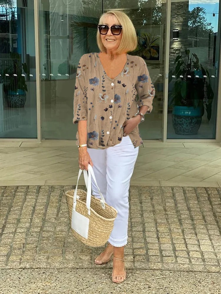 Barbara | Cotton and Linen Floral Top