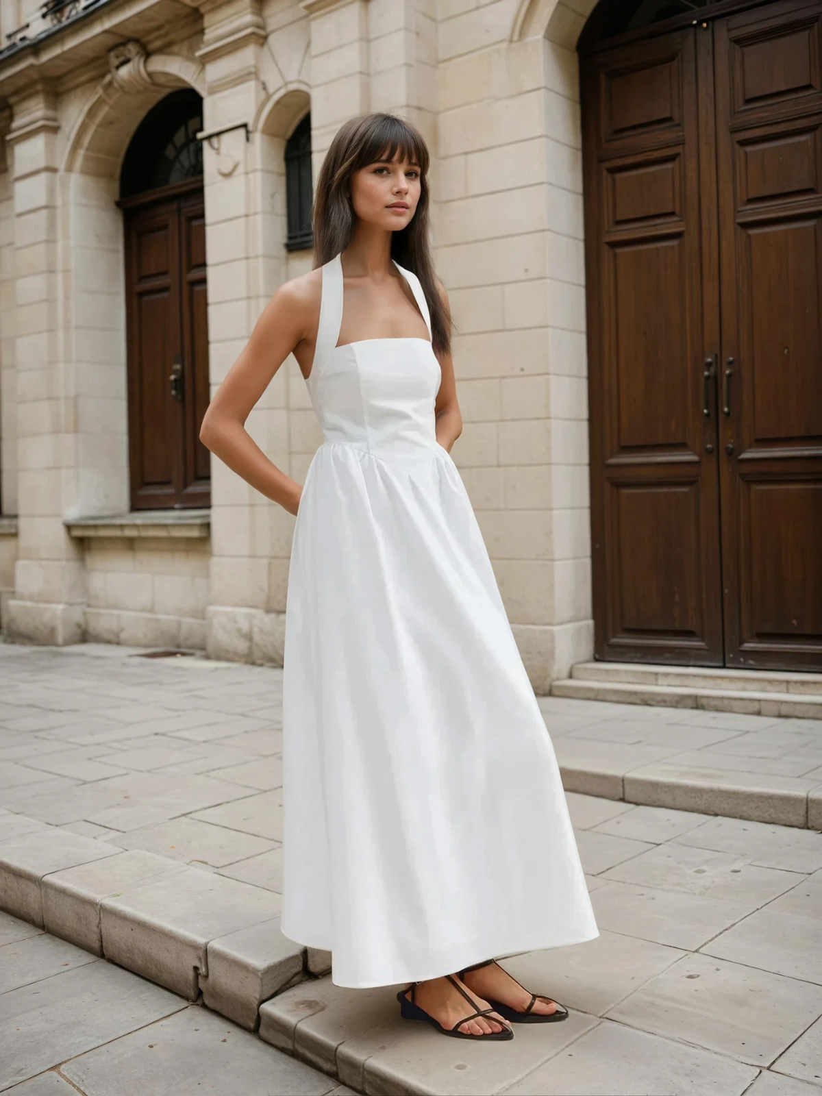 Simple and Chic Cotton & Linen Halter A-Line Long Dress