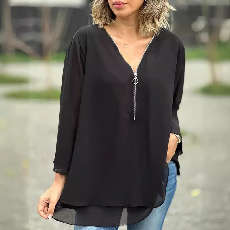 Heidi | V-Neck Flowy Zipped Top