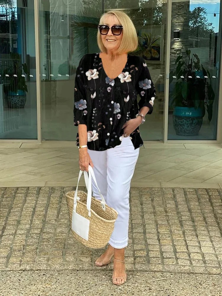 Barbara | Cotton and Linen Floral Top