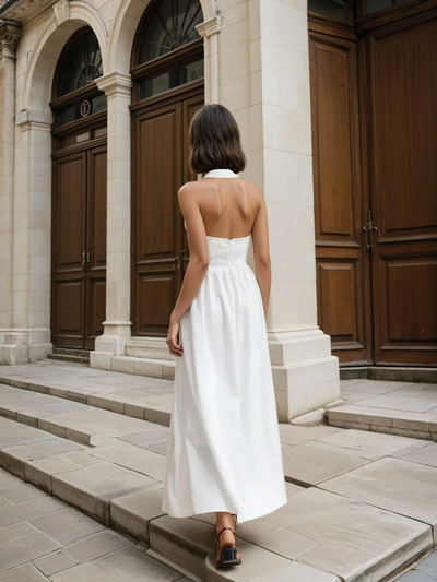 Simple and Chic Cotton & Linen Halter A-Line Long Dress