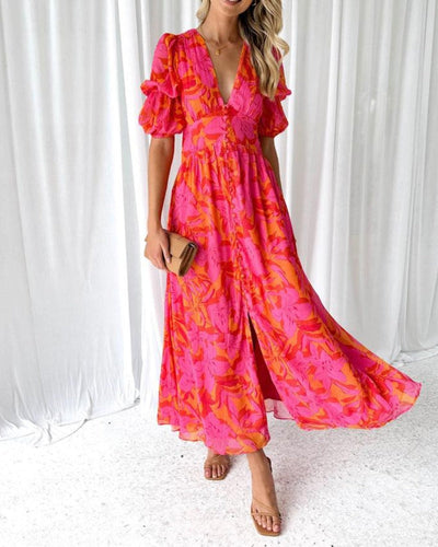 Clara – Elegant V-Neck Puff Sleeve Maxi Dress