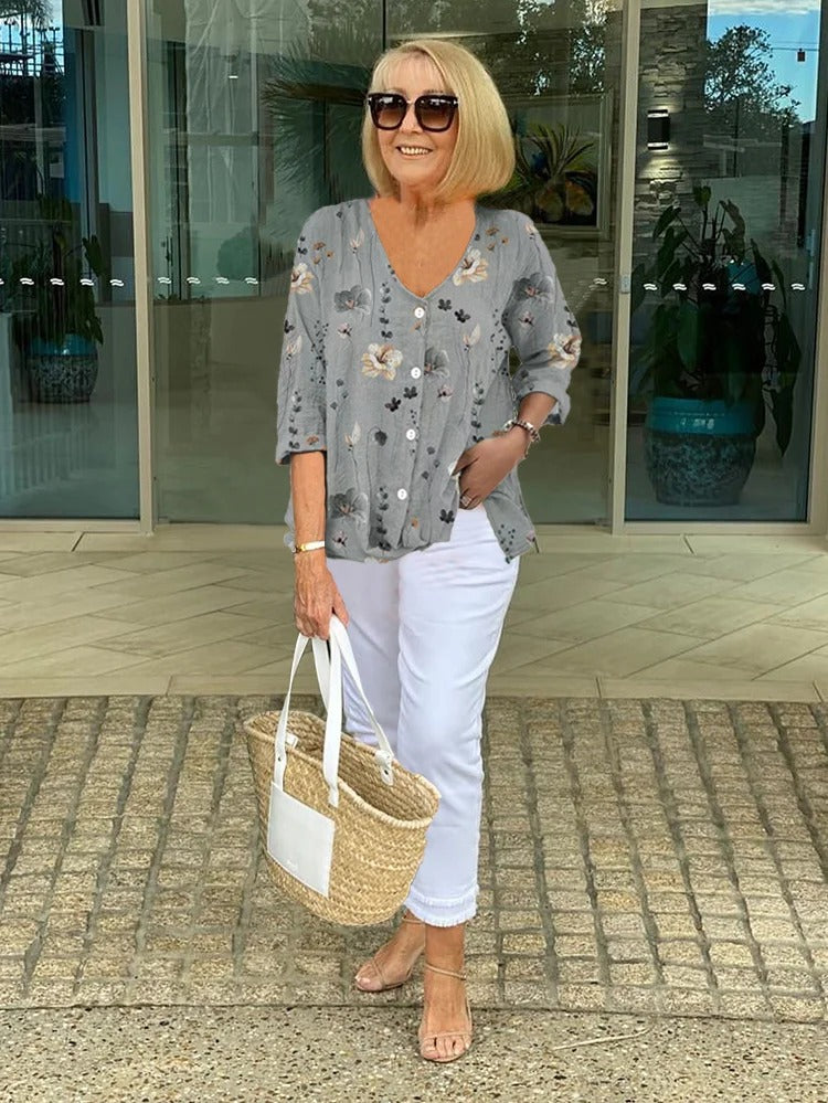 Barbara | Cotton and Linen Floral Top