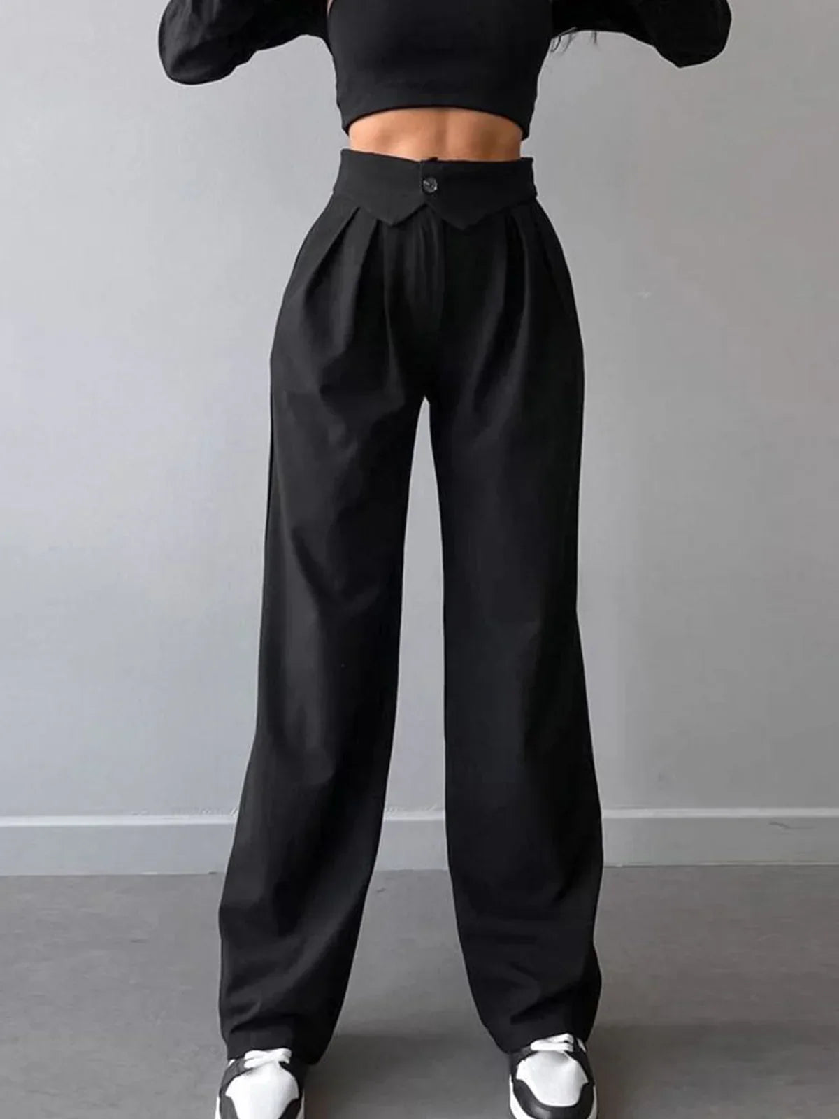Street Fold Over Waistband Straight Leg Dress Trousers