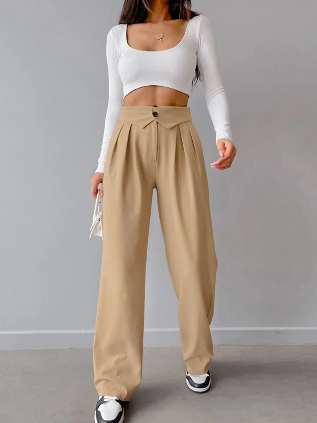 Street Fold Over Waistband Straight Leg Dress Trousers