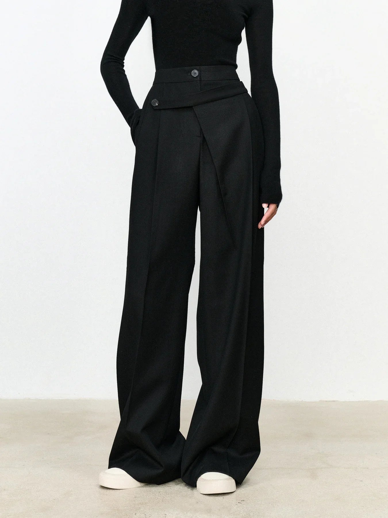 Asymmetric Layer Button Straight Leg Dress Trousers