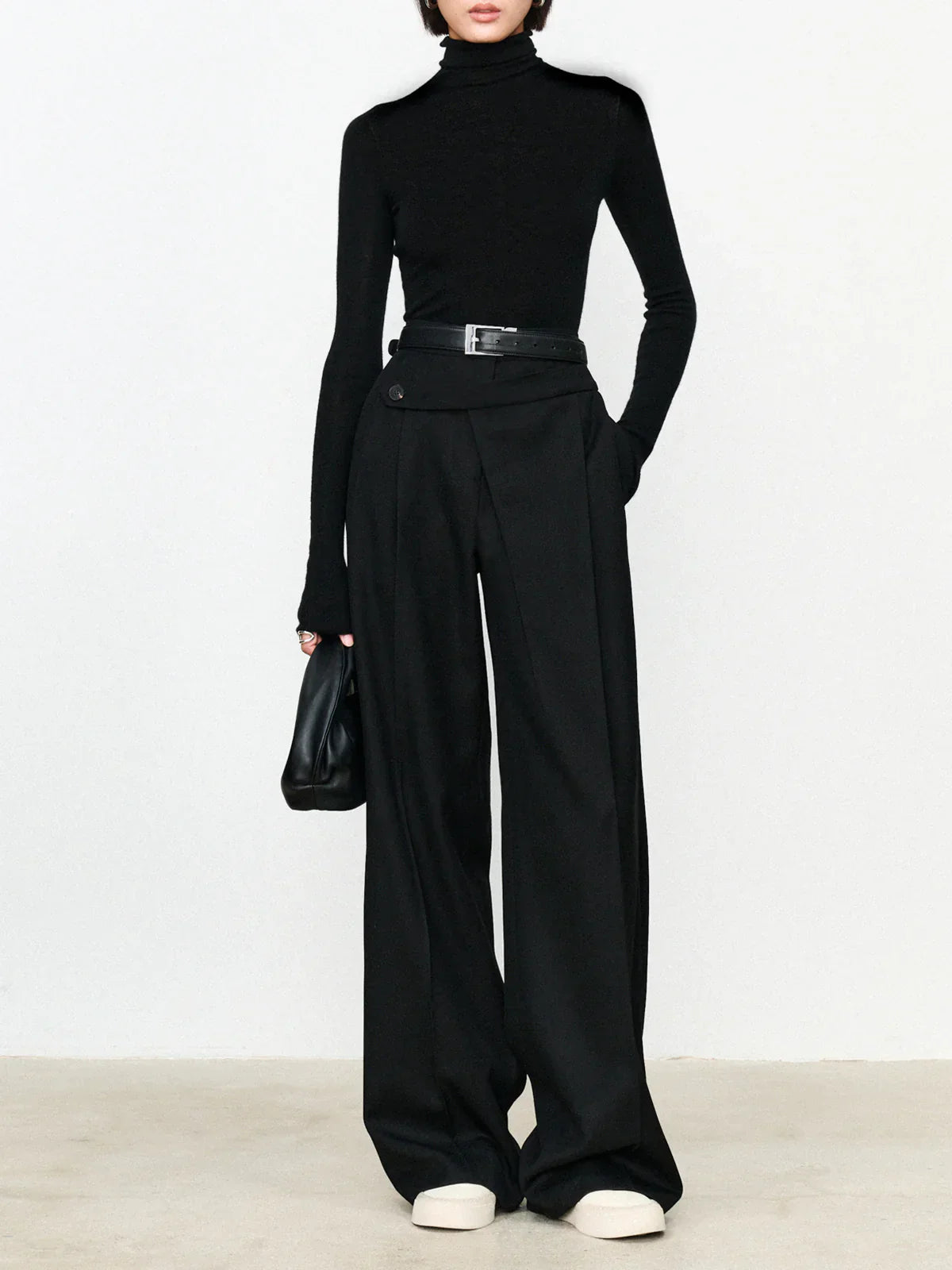 Asymmetric Layer Button Straight Leg Dress Trousers