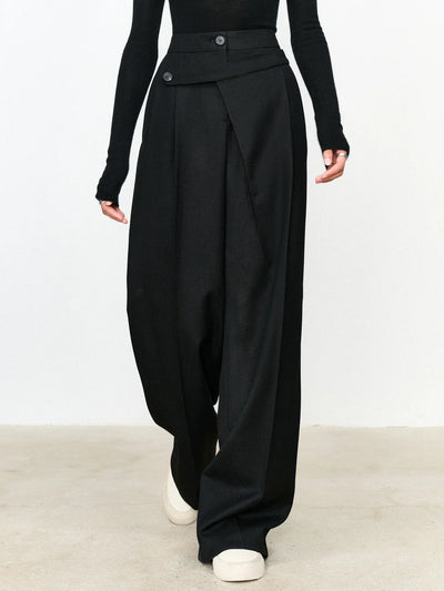 Asymmetric Layer Button Straight Leg Dress Trousers