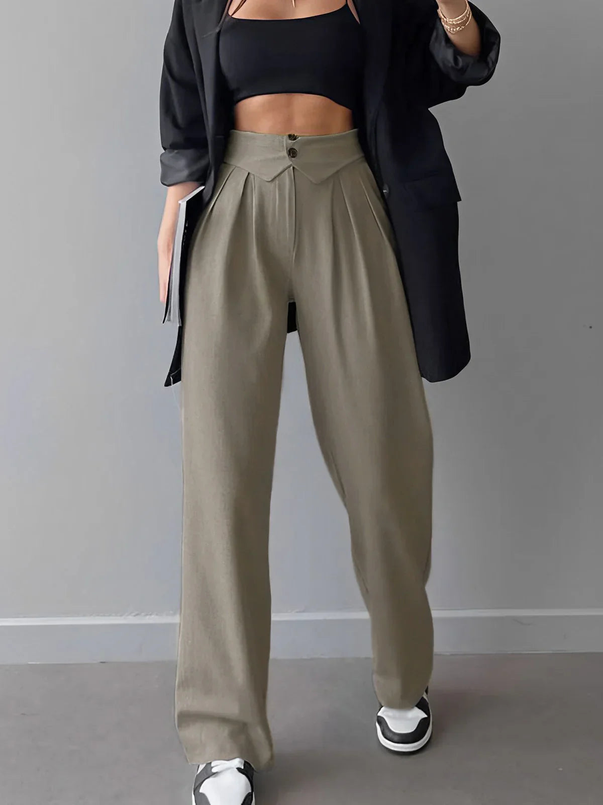 Street Fold Over Waistband Straight Leg Dress Trousers