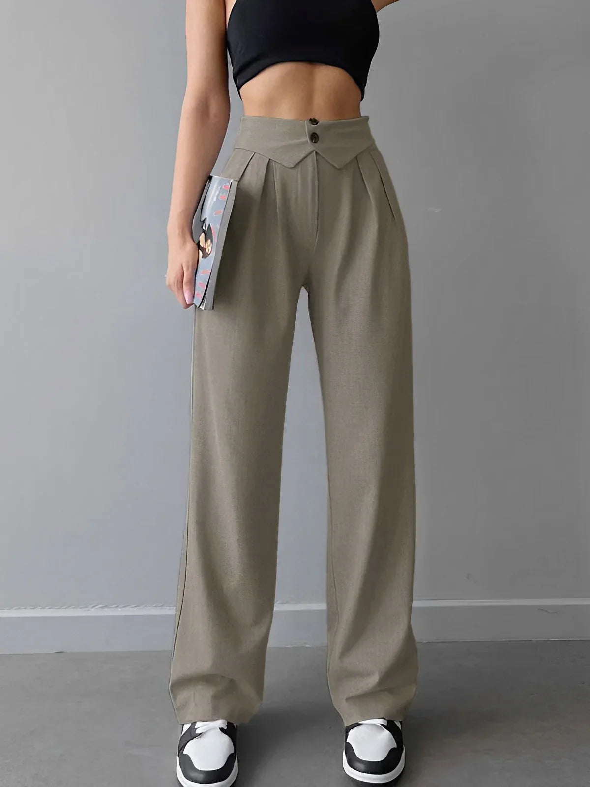Street Fold Over Waistband Straight Leg Dress Trousers
