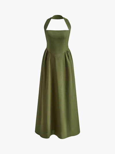 Simple and Chic Cotton & Linen Halter A-Line Long Dress
