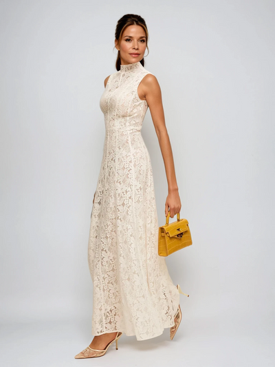 Half Turtleneck Sleeveless Semi-Sheer Lace Dress
