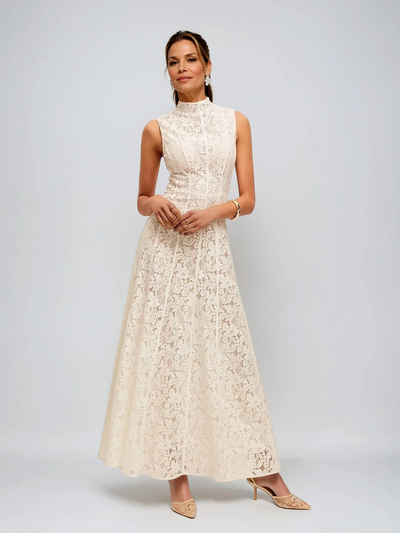 Half Turtleneck Sleeveless Semi-Sheer Lace Dress