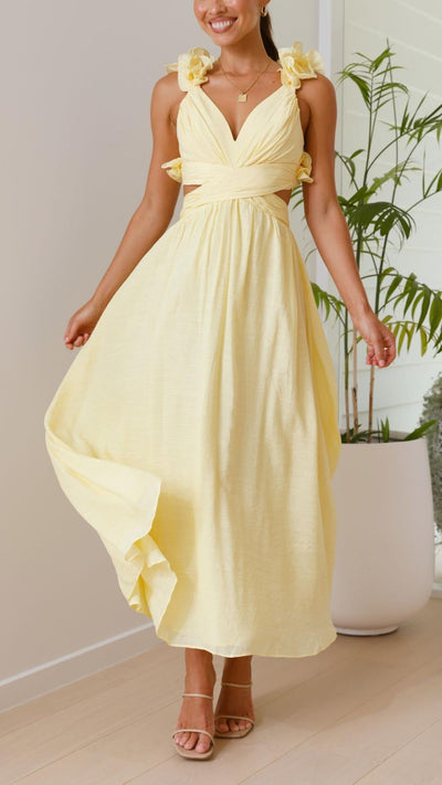 Toperth Yellow Ruffle Strap V-Neck Maxi Dress