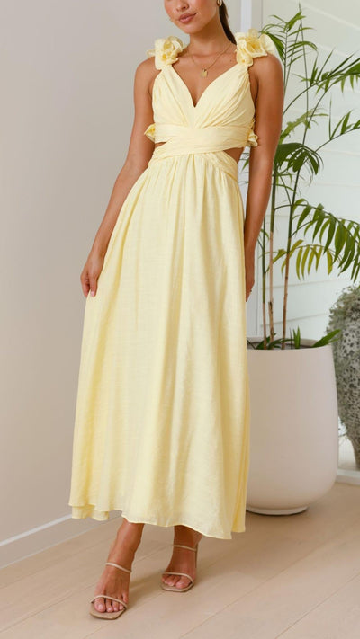 Toperth Yellow Ruffle Strap V-Neck Maxi Dress