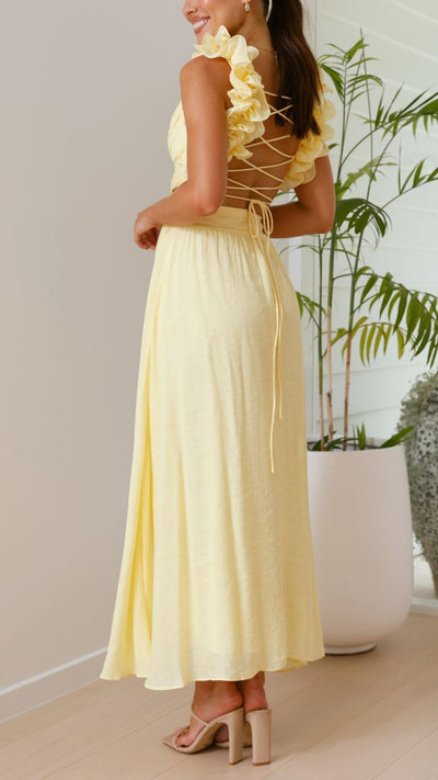 Toperth Yellow Ruffle Strap V-Neck Maxi Dress
