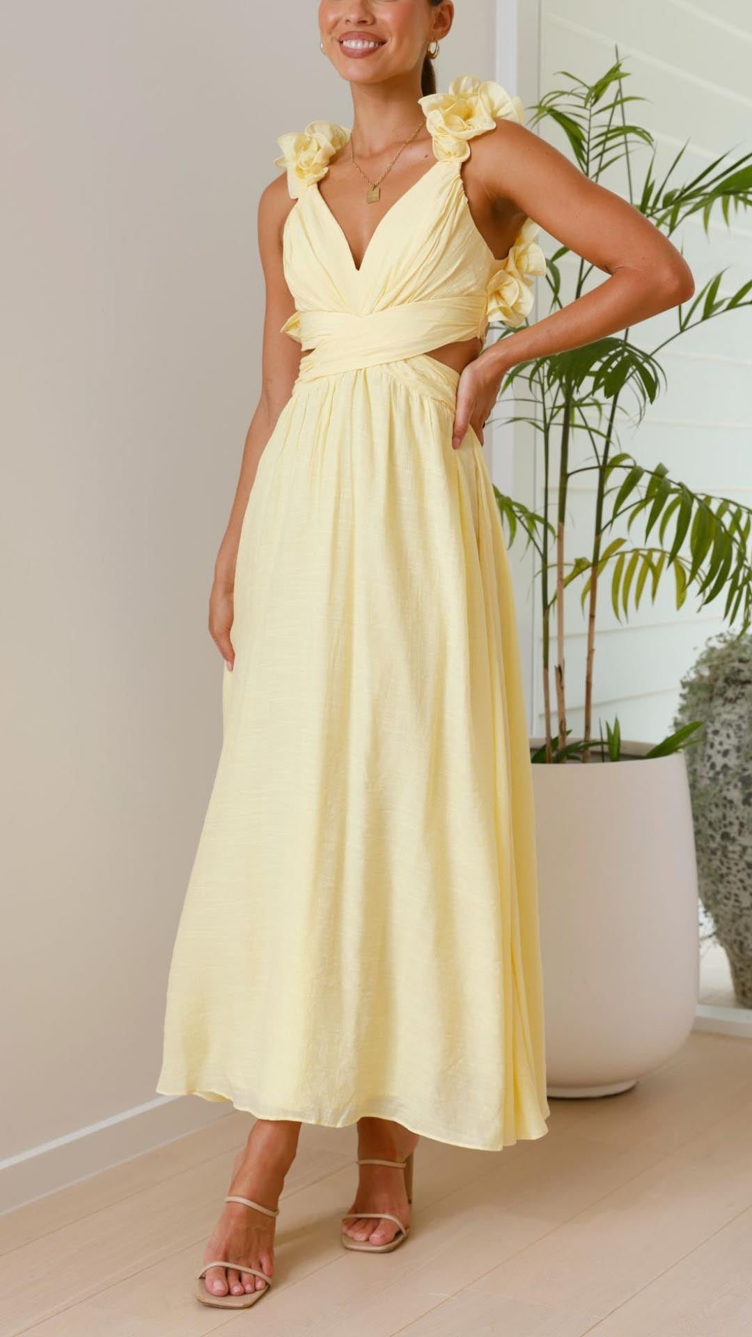 Toperth Yellow Ruffle Strap V-Neck Maxi Dress