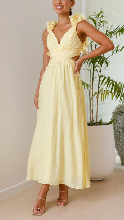 Toperth Yellow Ruffle Strap V-Neck Maxi Dress