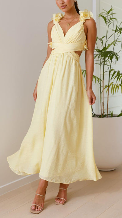 Toperth Yellow Ruffle Strap V-Neck Maxi Dress
