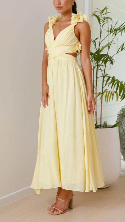 Toperth Yellow Ruffle Strap V-Neck Maxi Dress
