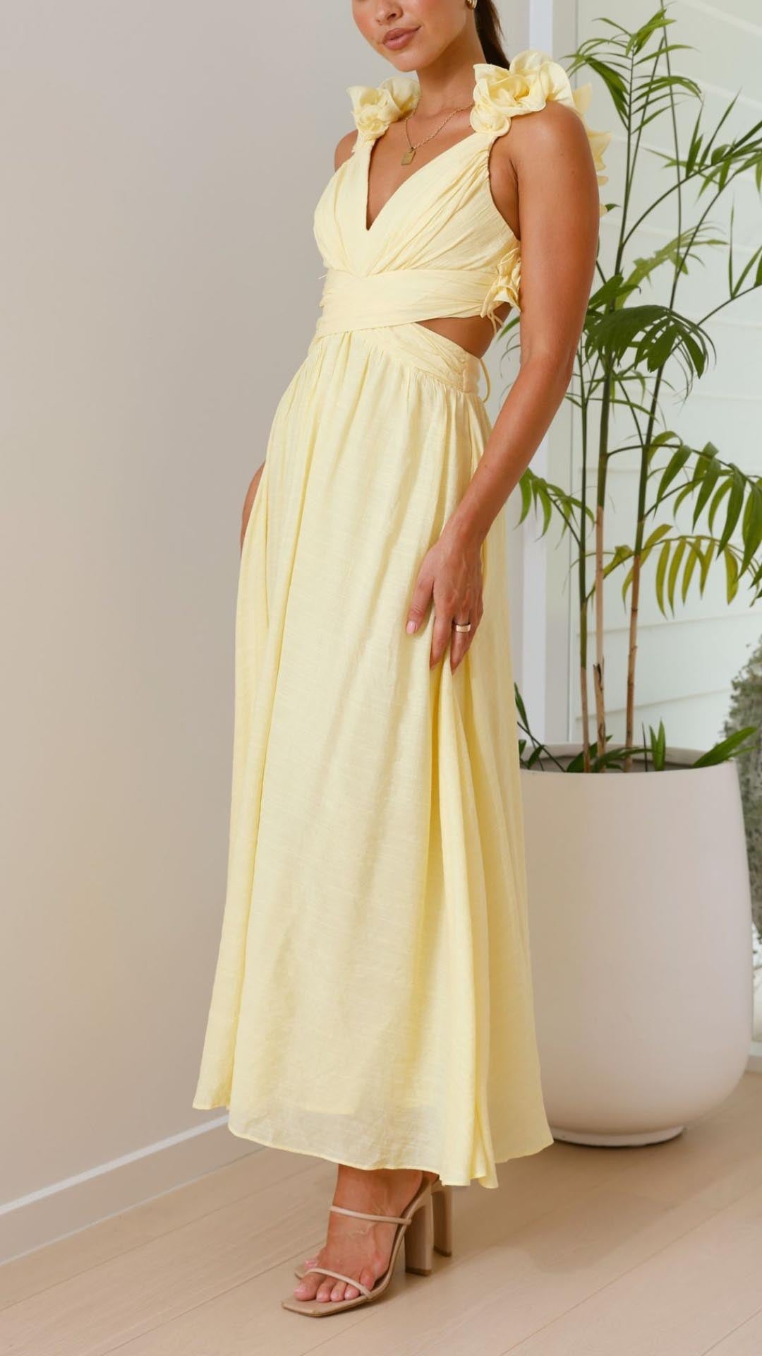 Toperth Yellow Ruffle Strap V-Neck Maxi Dress