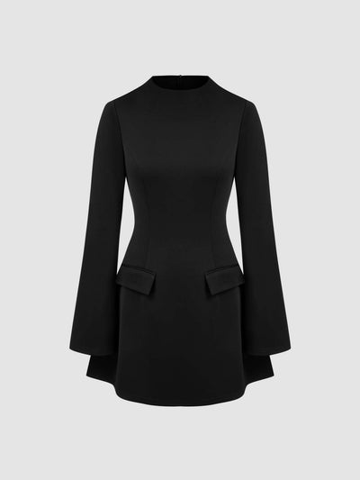 High Neck Solid Long Sleeve Mini Dress
