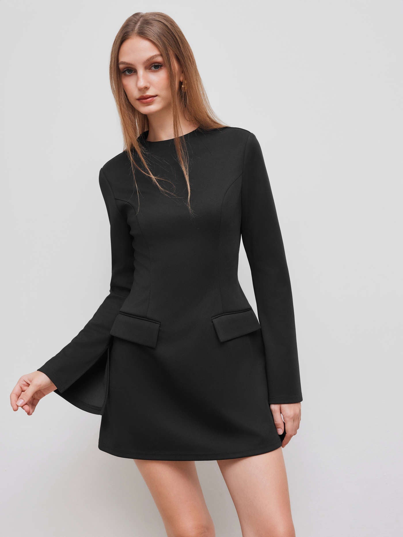 High Neck Solid Long Sleeve Mini Dress