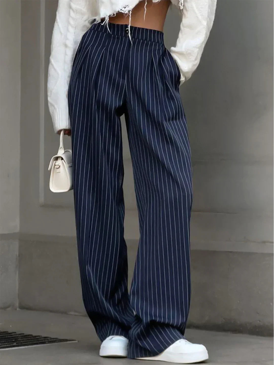 Pinstripe Pleated Wide Leg Dress Trousers