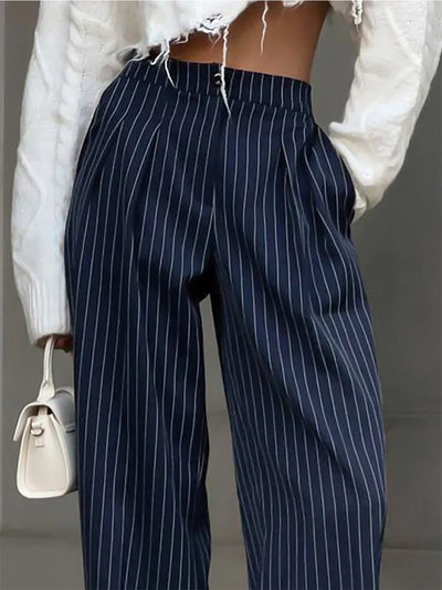 Pinstripe Pleated Wide Leg Dress Trousers