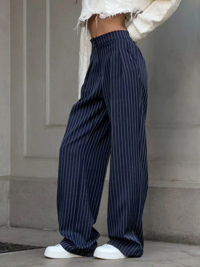 Pinstripe Pleated Wide Leg Dress Trousers