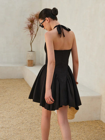 Timeless Noir Bow Tie Pleated Halter Dress