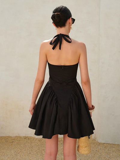 Timeless Noir Bow Tie Pleated Halter Dress