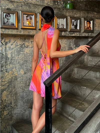Semi-Sheer Halter Backless Tie Dye Short Dress