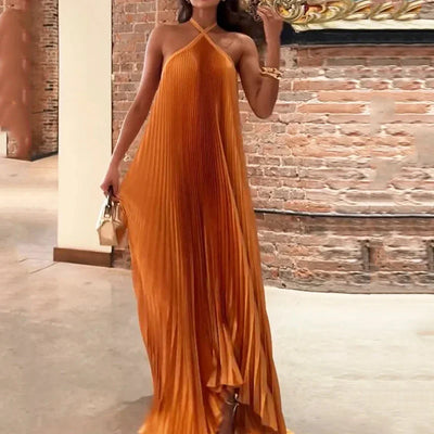 Mira - Chic Pleated Halter Neck Maxi Dress