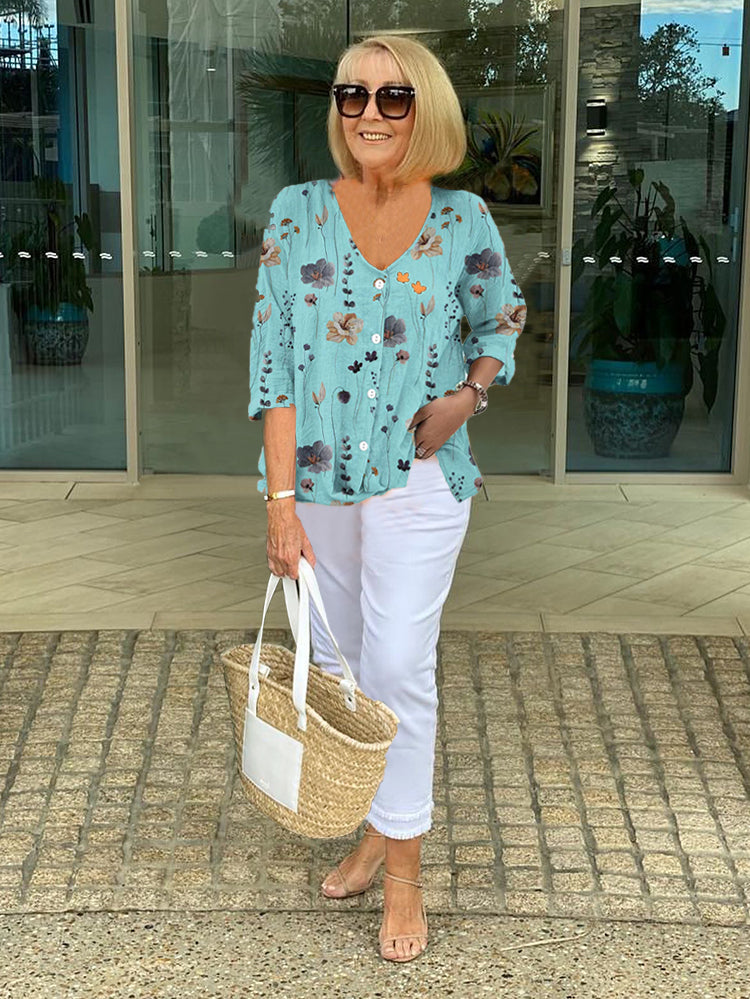 Barbara | Cotton and Linen Floral Top