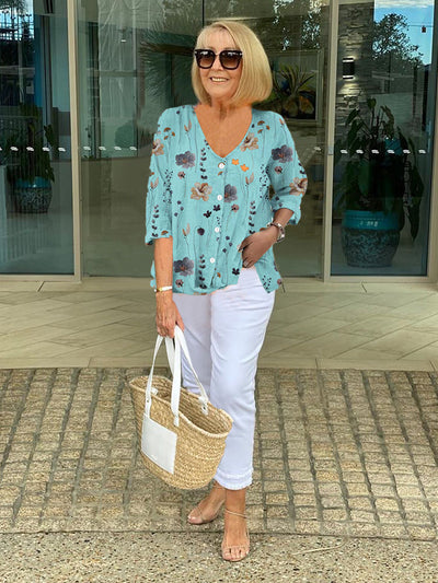 Barbara | Cotton and Linen Floral Top