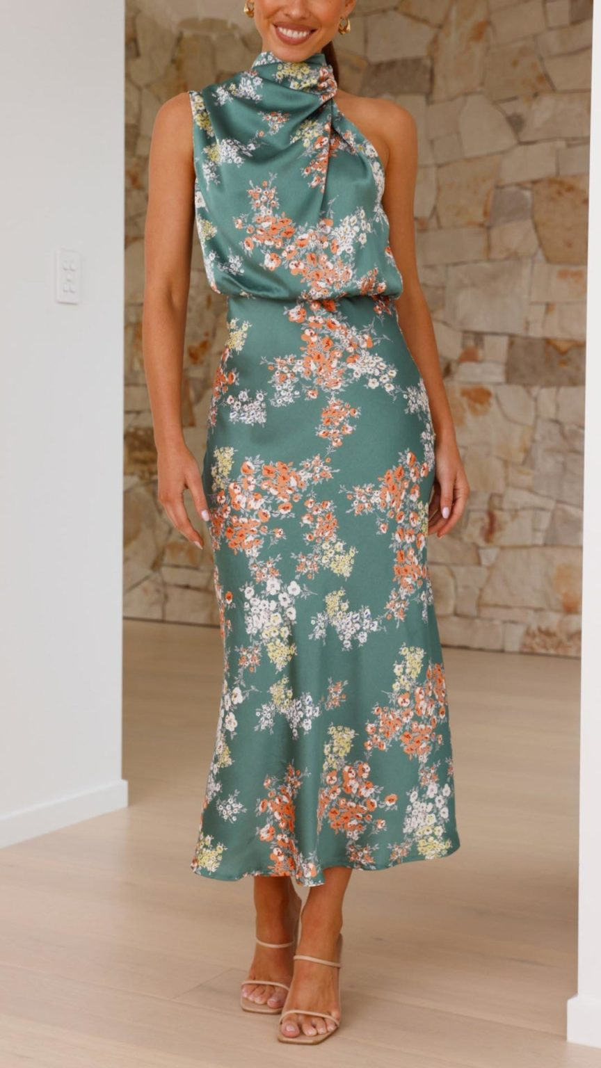 Toperth Elegant High Neck Floral Maxi Dress