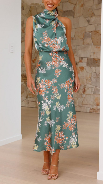 Toperth Elegant High Neck Floral Maxi Dress